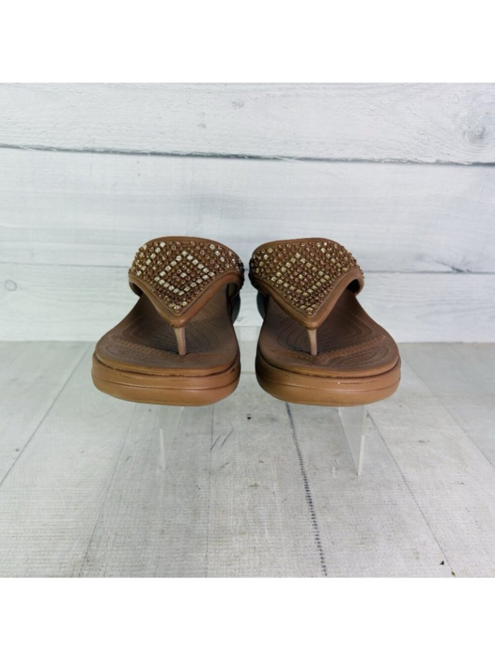 Crocs MONTEREY SHIMMER Bronze Bling Wedge Platform Thong Flip Flop Shoe Size 8 - Picture 3 of 16